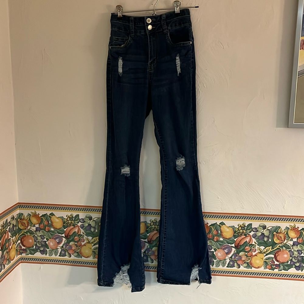 Refuge Denim Double Button Distressed Flare Jeans, Size 3(Juniors), Dark Indigo